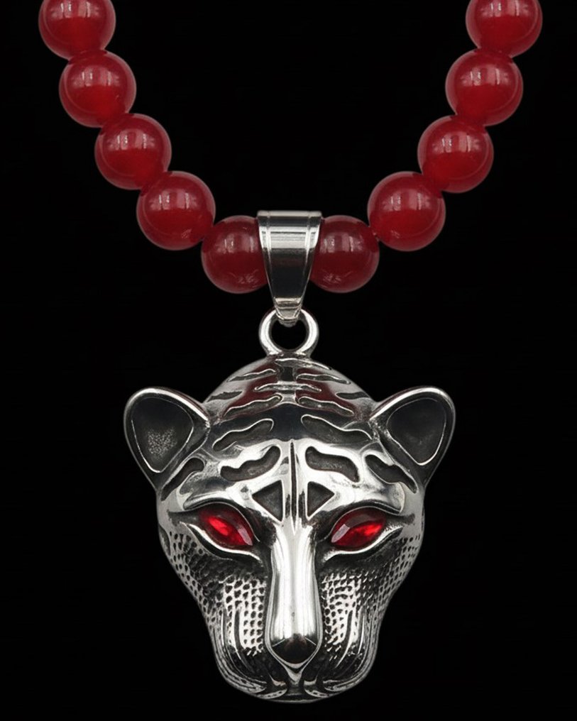 红宝石 - 保护佛教的项链 - 豹子,动物图腾 - 灵性引导 - 925纯银扣环 - 项链 #1.0