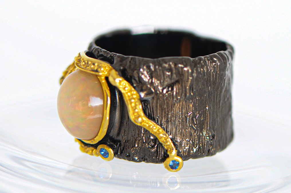 925 silver black rhodium-plated - Opal - Ring #4.3