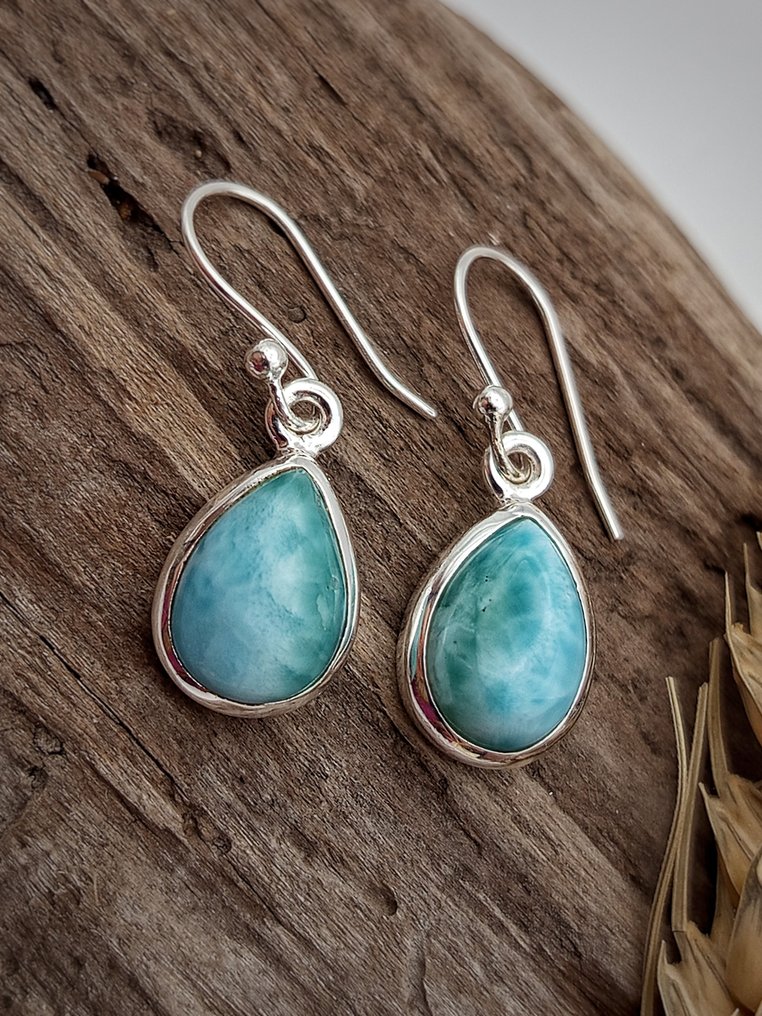 925银耳环，配以优质Larimar - 高度: 30 mm - 宽度: 10 mm- 4.5 g - (1) #1.0