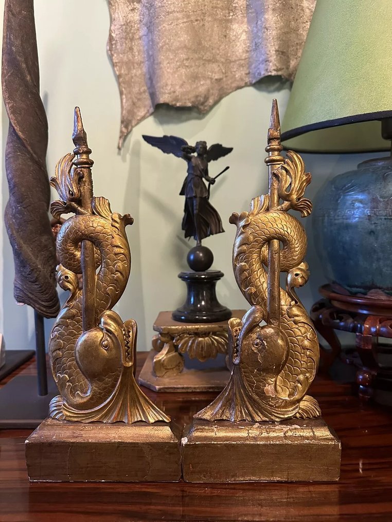 裝飾飾物 - 義大利 - 古老的一对装饰板，描绘两只海豚 #1.0