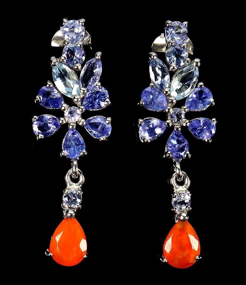 Nincs minimálár - Drop fülbevaló Ezüst Tűzopál - Tanzanit, akvamarin #1.0