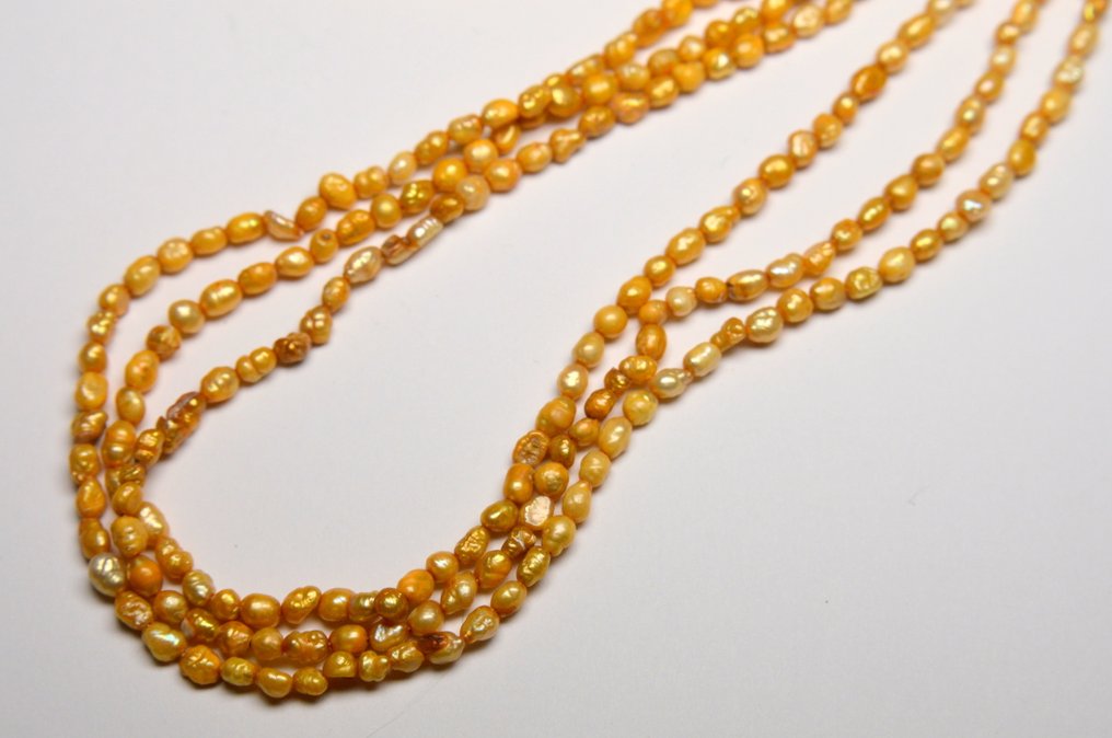 Perle - Goldene Perlen - Halskette - Barock - Dreireihe #1.0