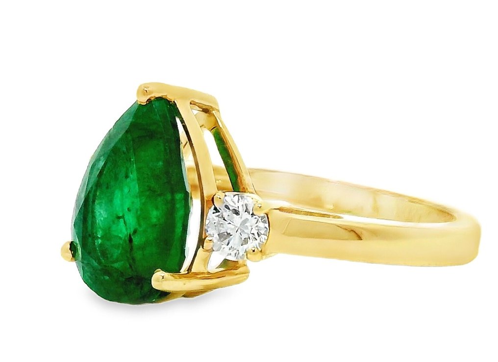 Ingen reservasjonspris - Ring - 14 karat Gull -  3.47ct. tw. Smaragd - Diamant - Pæreformet smaragd-ring #2.1