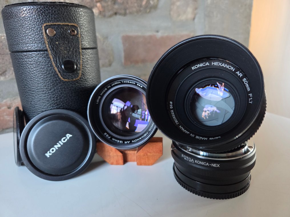 Konica 50mm 1.7 + 135mm 3.2 hexanon AR + adapter konica-NEX + zonnehood + tas Fényképezőgép objektív #1.0