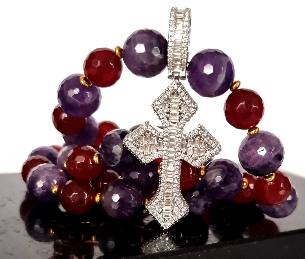 Ametyst - Rubin - Halskjede - Kors – Crucifix med diamantglans - Guds kjærlighet - Den Hellige Ånds ild - Halskjede med anheng #1.0