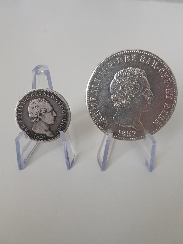 Itália, Saboia Carlo Felice. 1 Lira + 5 Lire 1826/1827 (Sem preço de reserva) #1.0