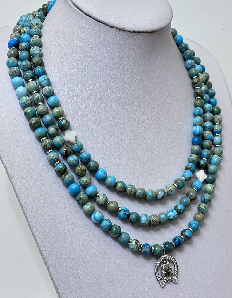 Μακριά λαιμόκοψη από Ocean Jasper με 'Vrgin Lourdes' και σταυρό από Μαρία από Πέρλα. - Κολιέ με μενταγιόν - Υψηλή ποιότητα. Ασήμι 925. #3.2