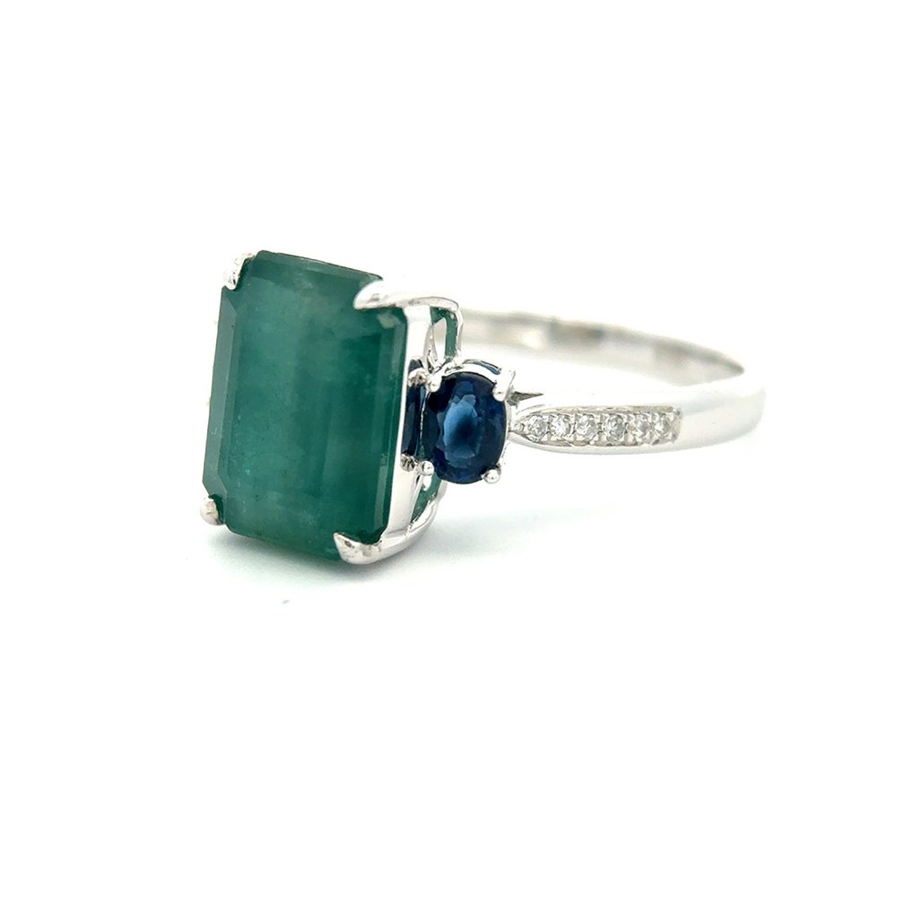 没有保留价 - 戒指 - 14K包金 白金 -  4.33ct. tw. 祖母绿 - 蓝宝石 #1.0