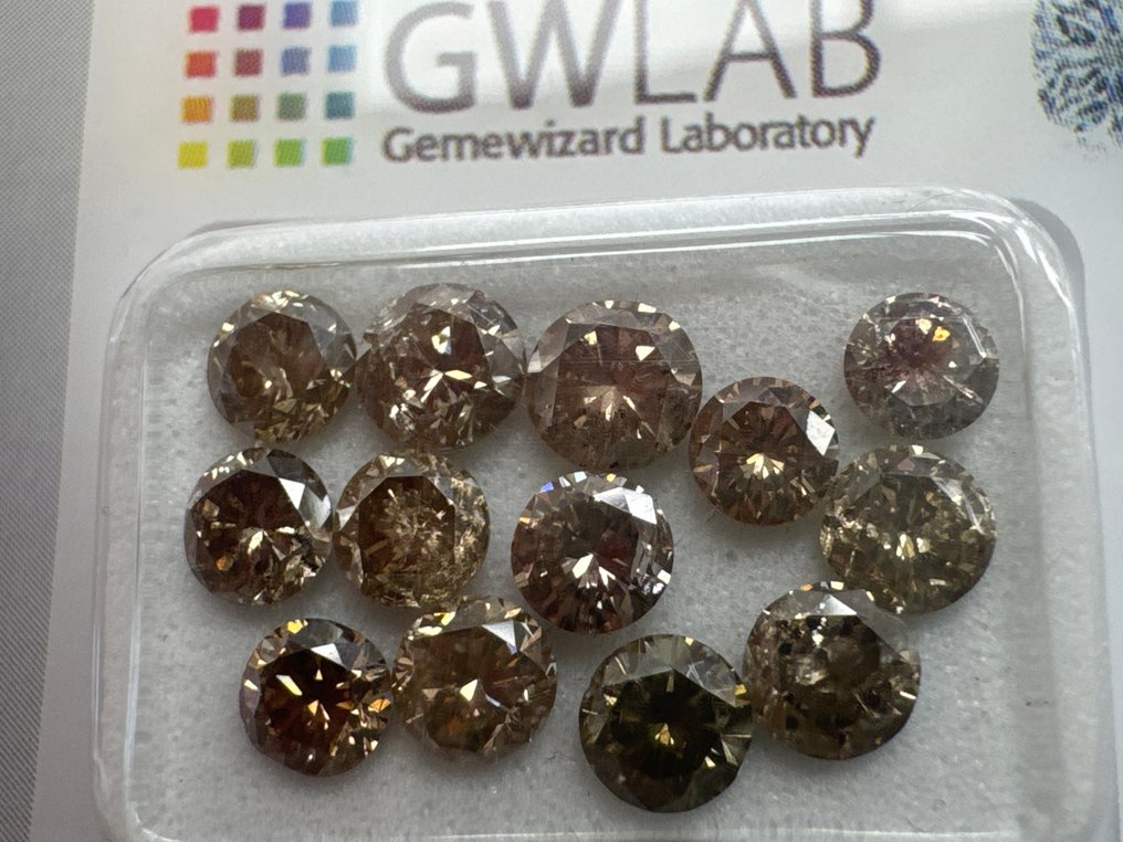 没有保留价 - 13 pcs 钻石  (天然色彩的)  - 3.20 ct - 圆形 棕色 - I2 内含二级, SI1 微内含一级 - Gemewizard宝石实验室（GWLab） #2.1