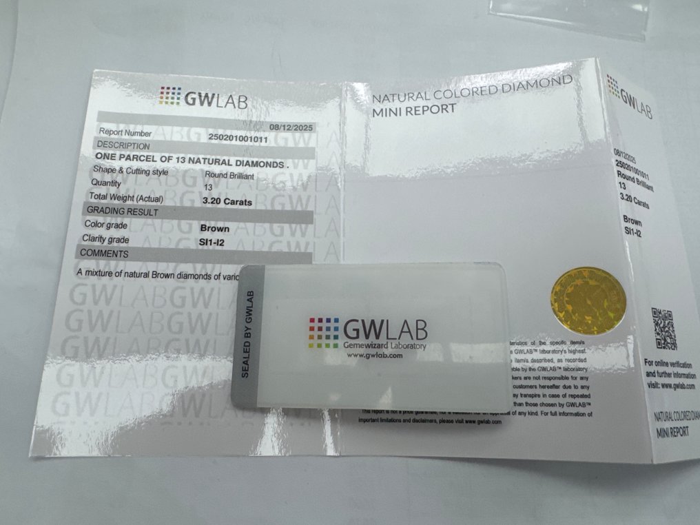 没有保留价 - 13 pcs 钻石  (天然色彩的)  - 3.20 ct - 圆形 棕色 - I2 内含二级, SI1 微内含一级 - Gemewizard宝石实验室（GWLab） #3.2