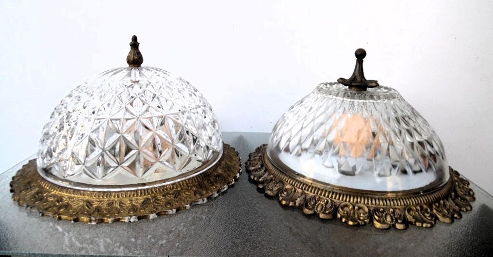 Ceiling lamp (2) - Gilded brass, crystal / glass #1.0