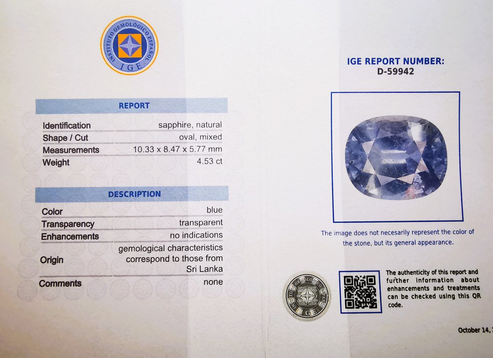 1 pcs  Μπλε Ζαφείρι  - 4.53 ct - Instituto Gemólogico Español (IGE) #1.0