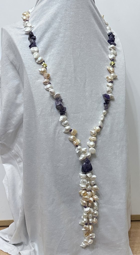 天然珍珠（白色和粉色）巴洛克和紫水晶配有希腊十字，采用黑玛瑙制成。 - 頸鏈 - 高品质 #4.3