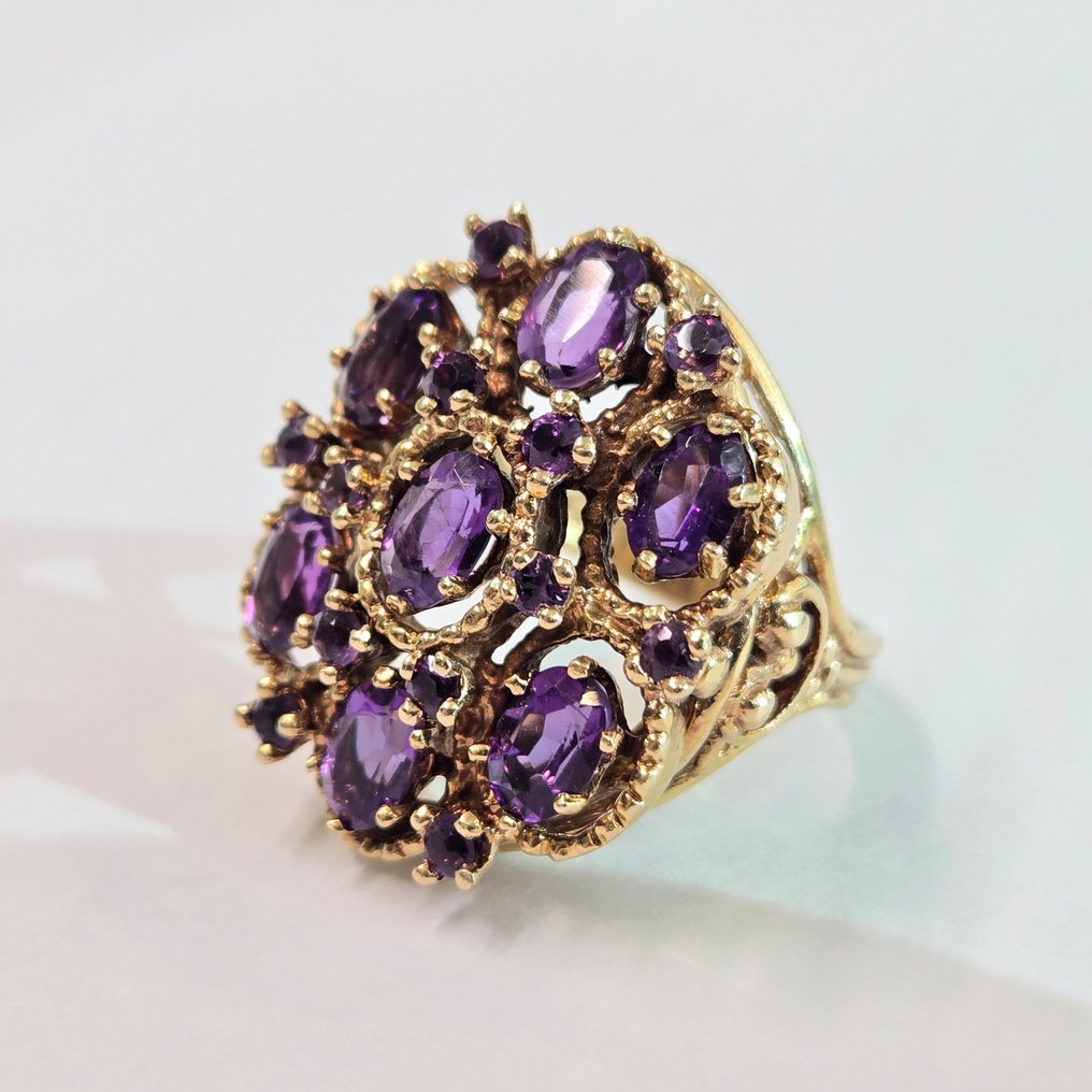 Ring - 14 karaat Geel goud - 4.20ct. tw. Amethist - Amethist cluster cocktail #2.1