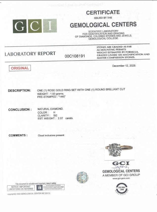 No reserve price - Ring - 14 kt. Rose gold -  2.07ct. tw. Diamond (Natural) - GCI #2.1