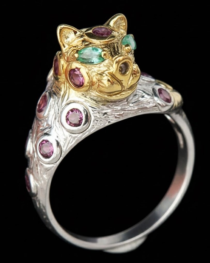 Smaragd - Sølv, Royal leopardring: magnetisk karisma og intuition - sølv 925, granat - Ring #1.0