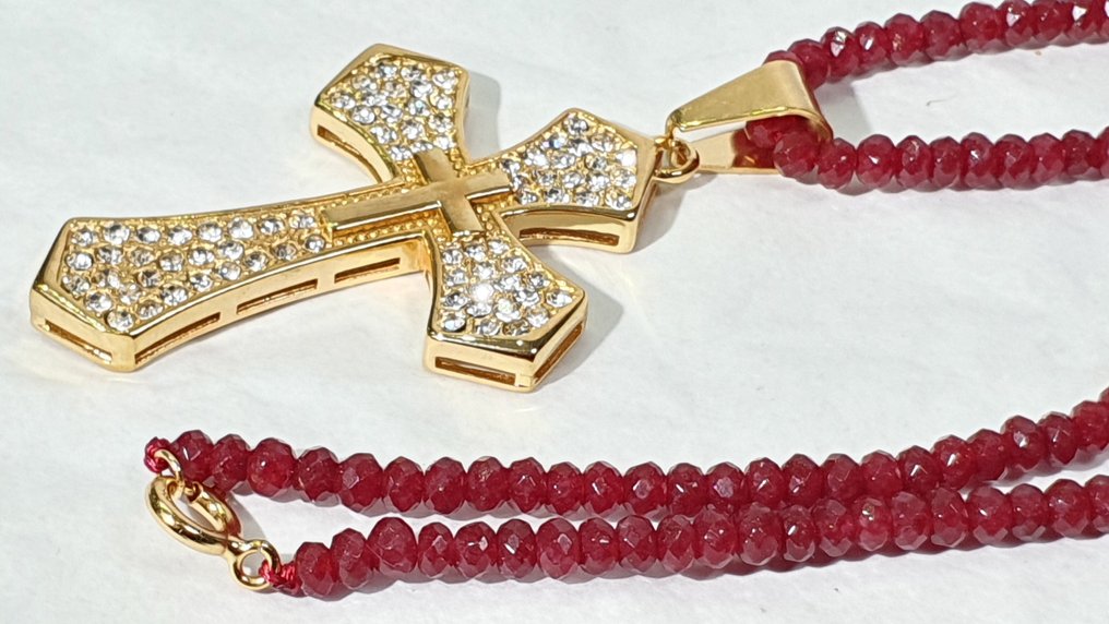 Faceted ruby and XL cross with cubic zirconia - 925 silver clasp gold-plated. - Necklace #4.3