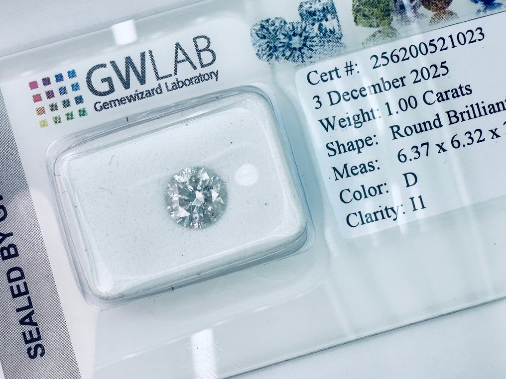 1 pcs 鑽石  (天然)  - 1.00 ct - 圓形 - D (無色) - I1 - Gemewizard Gemological Laboratory (GWLab) - （自然） #1.0