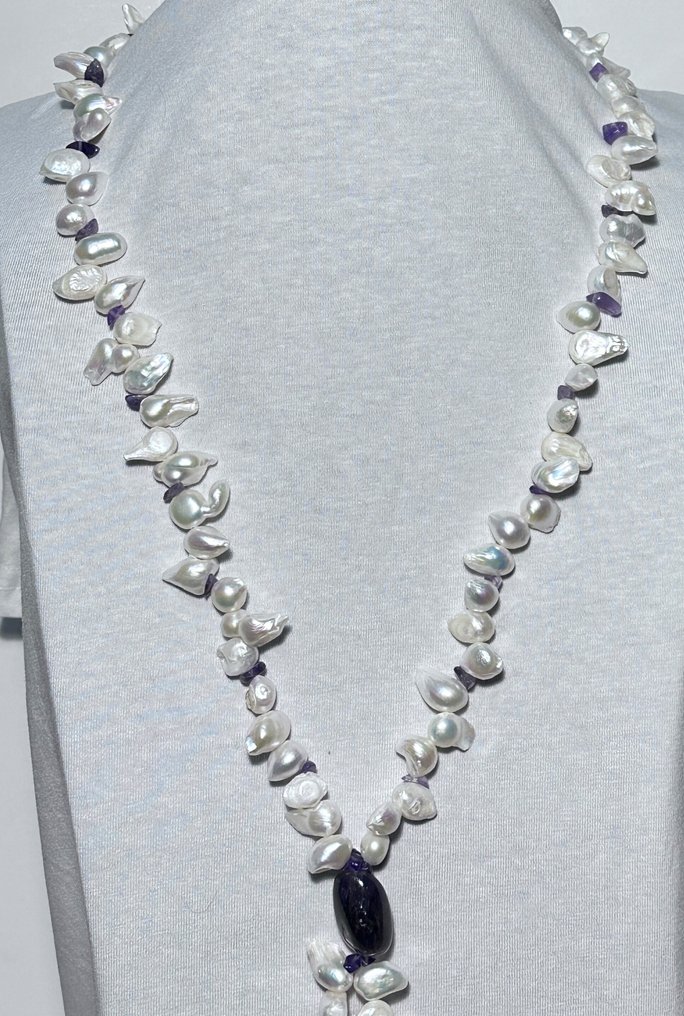 Φυσικές Πέρλες Λευκές Μπαρόκ και Αμέθυστος με 3 Θρησκευτικά φυλαχτά - Κολιέ - Υψηλή ποιότητα. #2.1