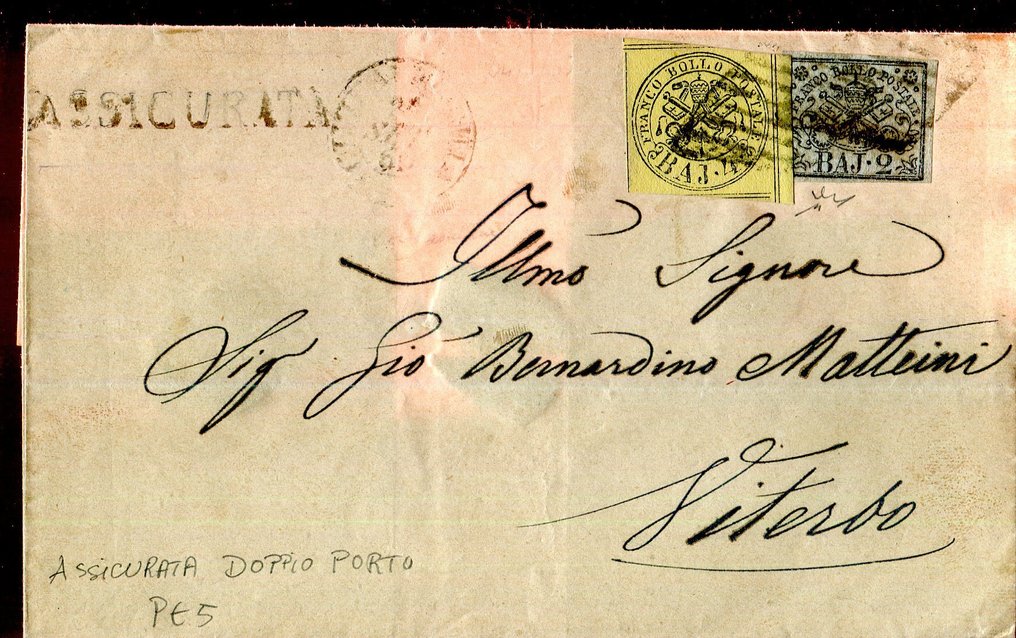 Italian Ancient States - Papal State 1852/1852 - Ensure within the Papal States. - Sassone 3Aa,+ 5A. #1.0