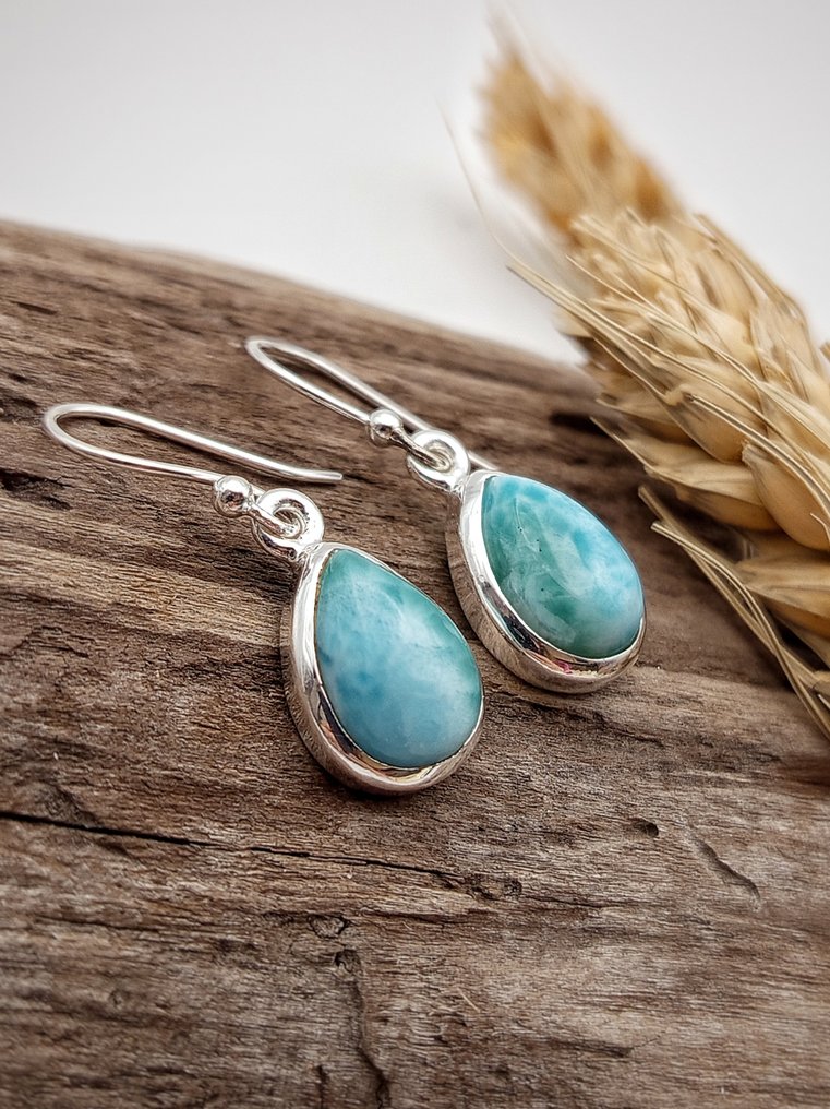 925银耳环，配以优质Larimar - 高度: 30 mm - 宽度: 10 mm- 4.5 g - (1) #4.3