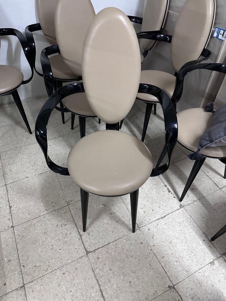 Reflex Angelo ( italy ) - Andrée Putman - Bastide - Καρέκλα τραπεζαρίας (8) - Ξύλο, υψηλής λάμψης μαύρη λακ, Δέρμα #3.2