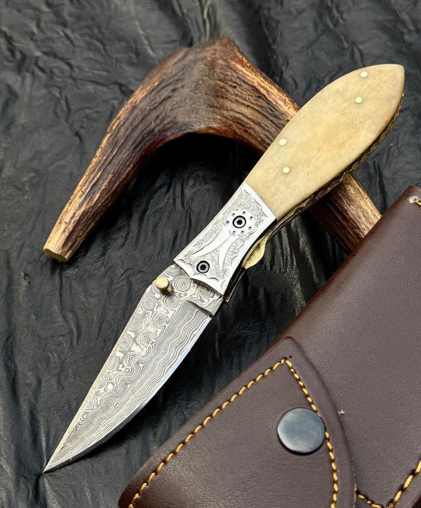 厨刀 - 厨房刀具 - 高级大马士革折叠口袋刀 - 天然骨柄 - 亚洲 #1.0