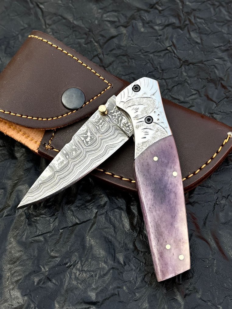 厨刀 - 厨房刀具 - 高端大马士革折叠口袋刀 – 自然骨色手柄护圈 - 亚洲 #2.1