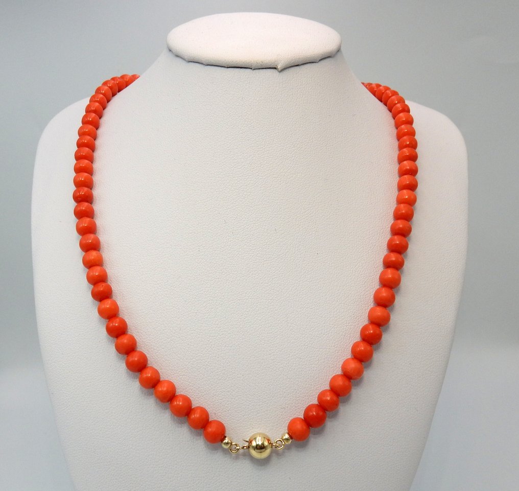 χωρίς τιμή ασφαλείας - Κολιέ - 14 καράτια Κίτρινο χρυσό Κοράλλι αίματος - 6 mm αιματηρά σφαιρίδια. #1.0