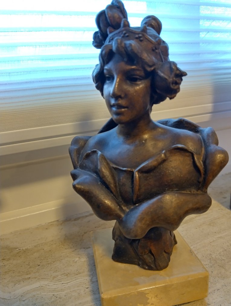 Emmanuel Villanis (after) - Bust, Buste van jonge dame - 19 cm - Spelter #1.0
