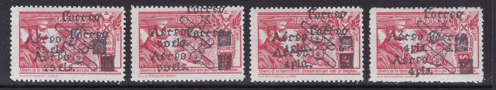 西班牙 1936 - 完整系列 正常和倒置双重过载 ‘航空邮件 25-50 分和 1-4 币和飞机’ #2.1