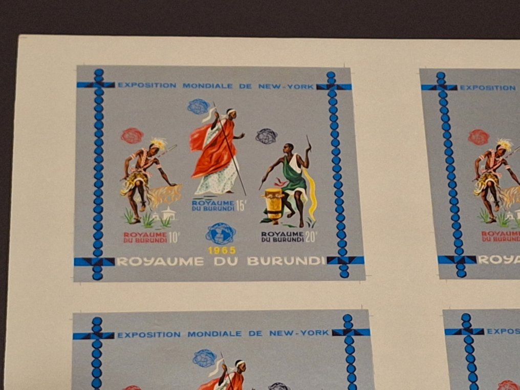布隆迪  - 1965年 - 稀有未裁剪的4块邮票整张，编号BL8A，无齿，国际试印 #2.1