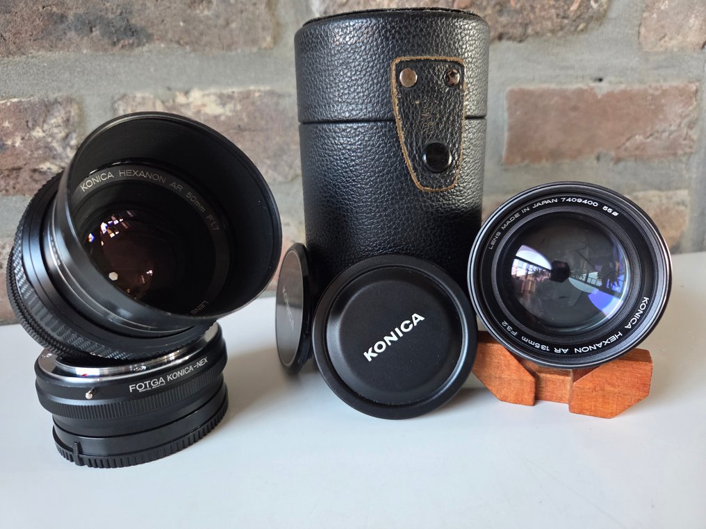 Konica 50mm 1.7 + 135mm 3.2 hexanon AR + adapter konica-NEX + zonnehood + tas Fényképezőgép objektív #3.2