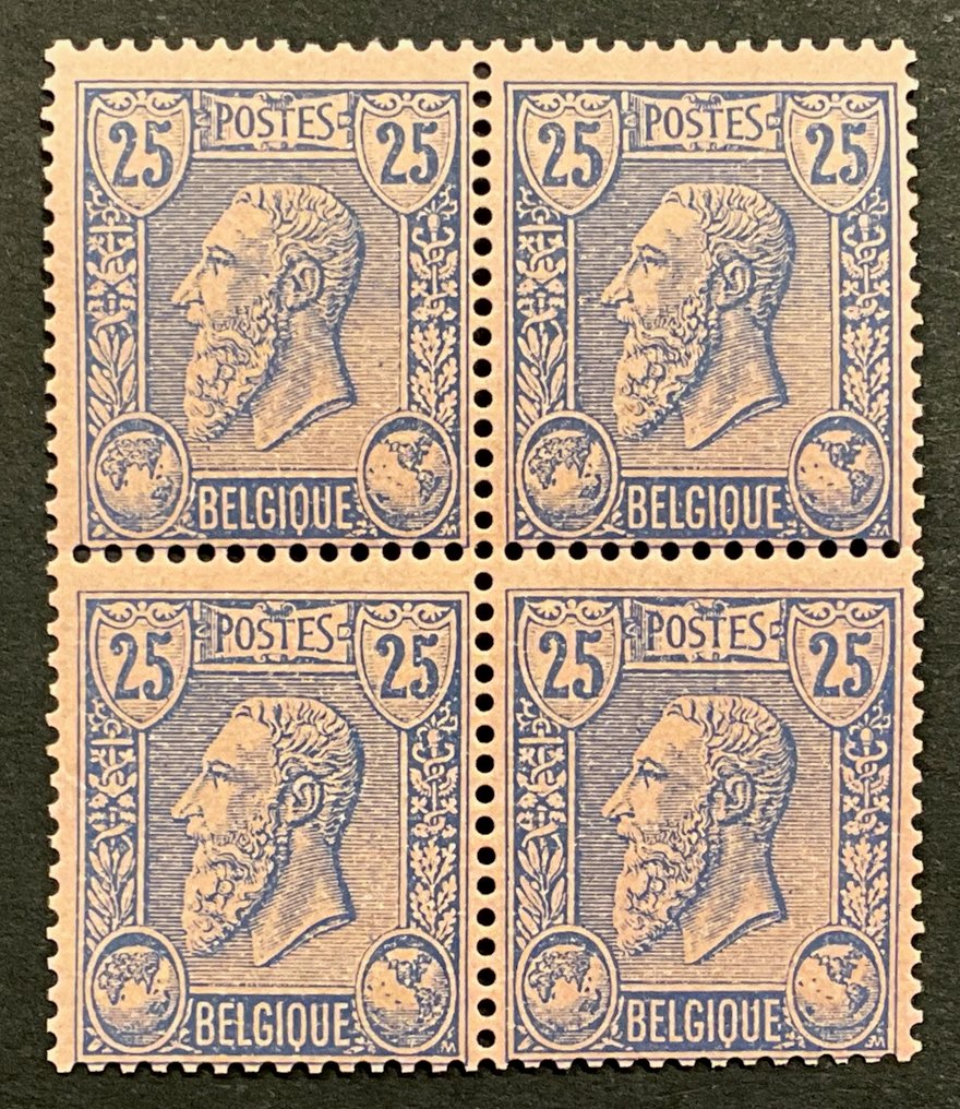 Belgio 1884/1891 - Emissione Leopold II 1884 - 25c Blu su Rosa - Foglio di 4 - POSTFRIS con bella centratura - OBP/COB 48 #2.1