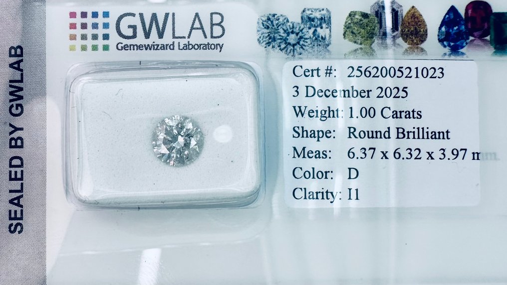 1 pcs 鑽石  (天然)  - 1.00 ct - 圓形 - D (無色) - I1 - Gemewizard Gemological Laboratory (GWLab) - （自然） #2.1