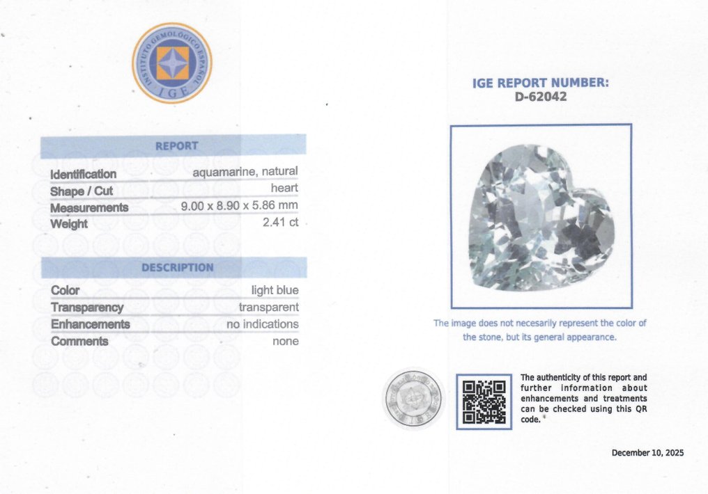 1 pcs  Blå Akvamarin  - 2.41 ct - Instituto Gemólogico Español (IGE) - Uden behandling #2.1