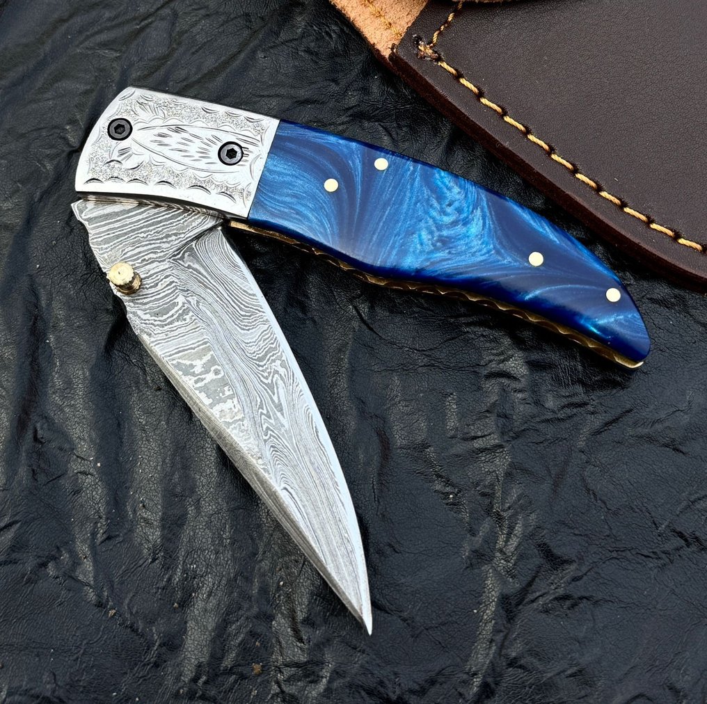 厨刀 - 厨房刀具 - 高端Damascus折叠口袋刀 - Risen - 雕刻护手柄 - 亚洲 #1.0