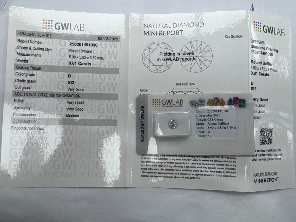 No reserve price - 1 pcs Diamond  (Natural)  - 0.81 ct - Round - D (colourless) - SI2 - Gemewizard Gemological Laboratory (GWLab) #1.0
