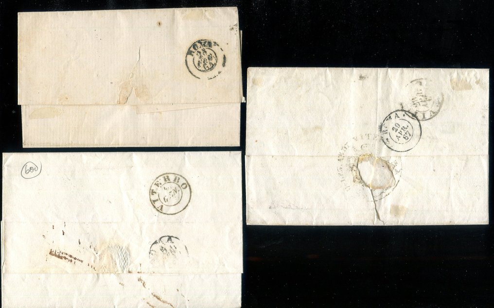 Italian Ancient States - Papal State 1852 - Selection of 3 stamped documents worth 2 baj from Toscanella. - Sassone 3, 3Aa, 3Ab. #1.0
