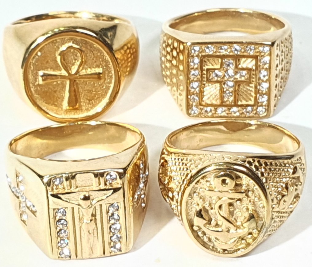 4 Religious rings - Egyptian Cross, Latin Crosses with Cubic Zirconia (2), and Anchor Cross - - Ring #1.0