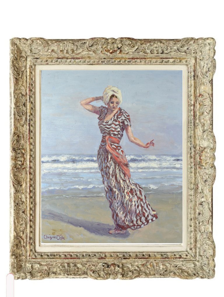 Chris van Dijk (1952) Impressionist - " Jeune femme dans une belle robe sur la plage " #1.0
