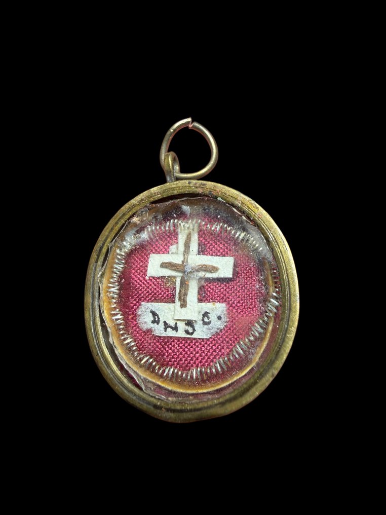  圣骨箱 - 金色金属, 玻璃, 纺织品 - 1800-1850 - 圣十字架，我们主耶稣基督  #1.0