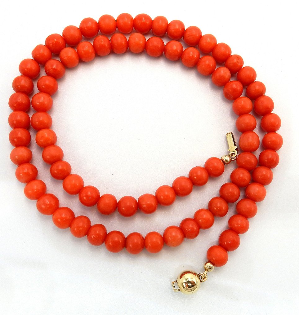 χωρίς τιμή ασφαλείας - Κολιέ - 14 καράτια Κίτρινο χρυσό Κοράλλι αίματος - 6 mm αιματηρά σφαιρίδια. #3.2