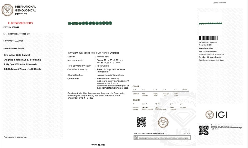Zonder minimumprijs - Tennis armband - 14 karaat Geel goud - 16.50ct. tw. Smaragd - Smaragd #4.3