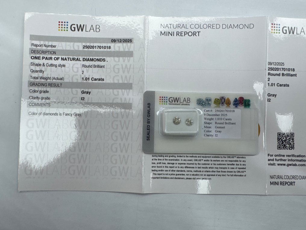 Ingen reservasjonspris - 2 pcs Diamant  (Naturfarget)  - 1.01 ct - Rund Grå - I2 - Gemewizard Gemologisk laboratorium (GWLab) #1.0