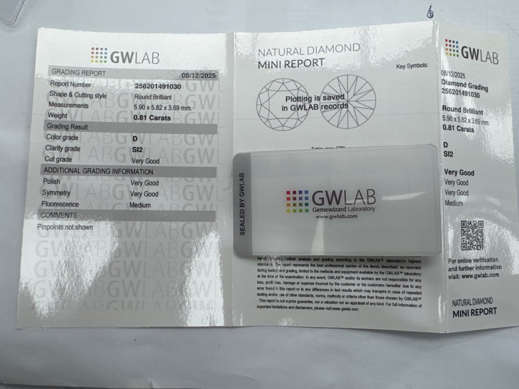 No reserve price - 1 pcs Diamond  (Natural)  - 0.81 ct - Round - D (colourless) - SI2 - Gemewizard Gemological Laboratory (GWLab) #3.2