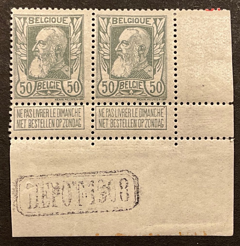 比利时 1907 - Leopold II Grove 灯杆 - 50c 灰色 - 与 DEPOT 1908 成对 - OBP / COB 78 - goed gecentreerd #2.1
