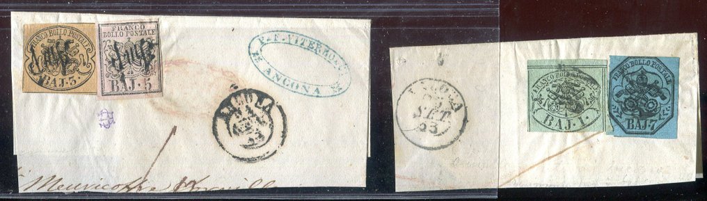 Italian Ancient States - Papal State 1852/1852 - Two bicolored fragments with cancellation mark 'IMPE'. - Sassone  2+8, 4+6 #1.0