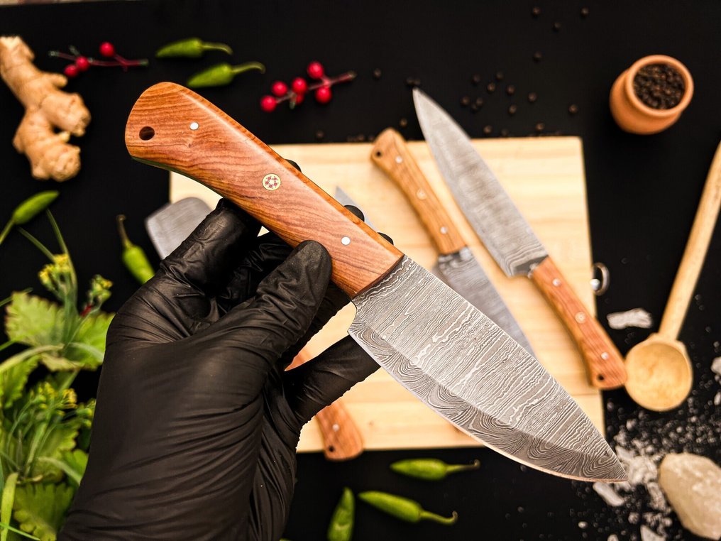 Μαχαίρι κουζίνας -  Σετ μαχαιρών κουζίνας για καθημερινή χρήση σε εσωτερικούς και εξωτερικούς χώρους (FK-157) - Χειρολαβή από αμερικανικό ελαιόδεντρο και διπλωμένο ατσάλι. - Ηνωμένες Πολιτείες - Σετ κουζίνας και μπάρμπεκιου #2.1