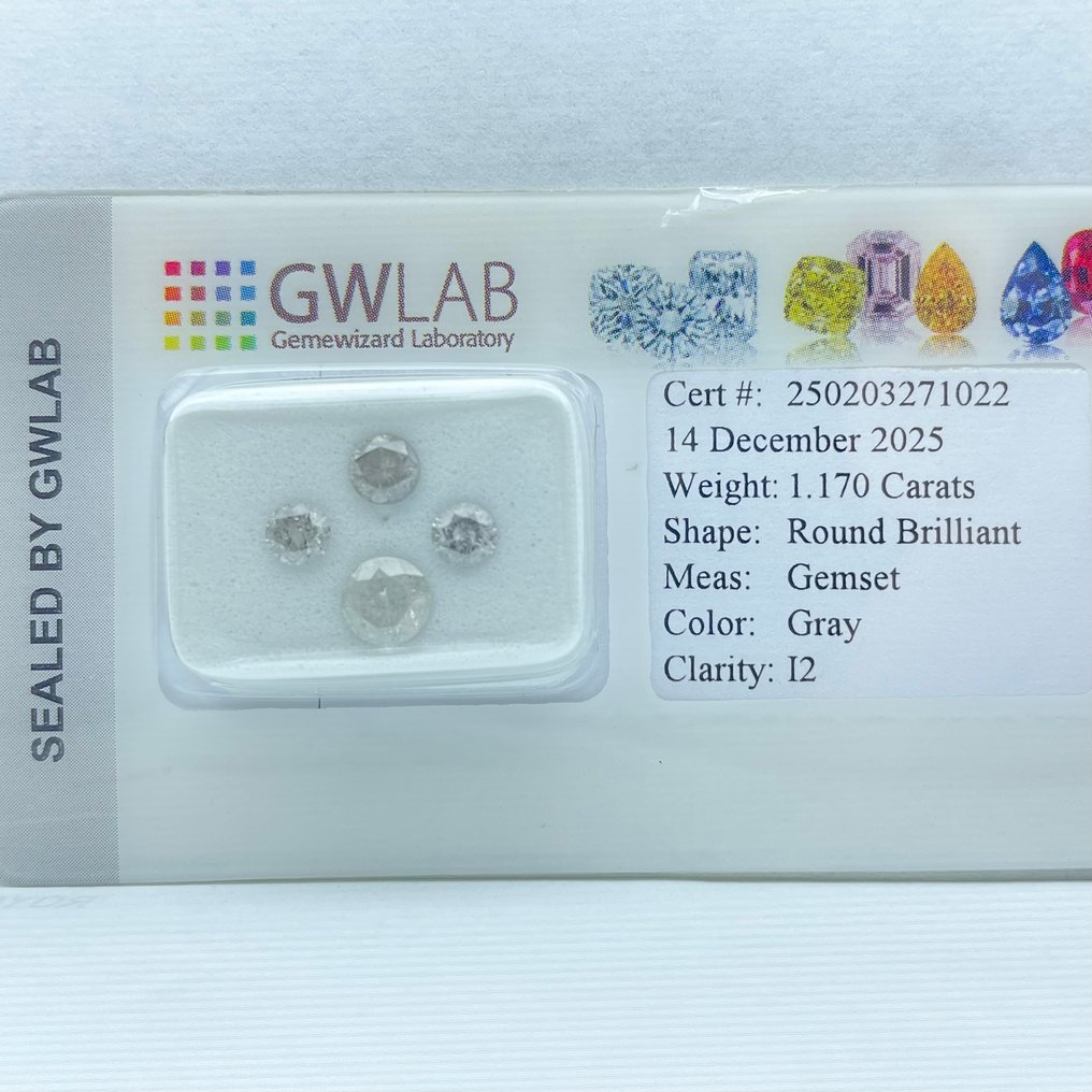 Zonder minimumprijs - 4 pcs Diamant  (Natuurlijk gekleurd)  - 1.17 ct - Rond Grijs - P2 - Gemewizard Gemological Laboratory (GWLab) #3.2